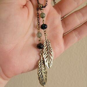 Brassy Feather and Bead Double Strand Necklace